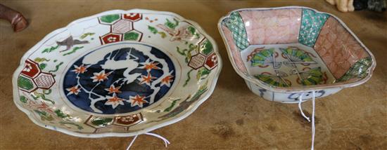 A Japanese Arita dish and a similar square bowl, late 17th/early 18th century, width 14cm
